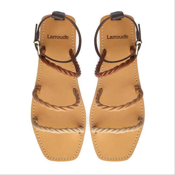 Larroude Santorini Twist Strap Flat Sandals Size 7 Brown Beige Leather NEW - Picture 3 of 16